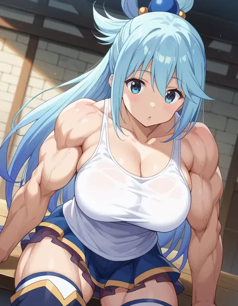 score 9 、score 8 up、score 7 up、source anime、masterpiece、Best Quality、high resolution、1woman、konosubaaqua、、aqua \(konosuba\)、Blue Hair、very long hair、blue eyes、hair ornament、single hair ring、hair bobbles、(Pure white tank top:1.5)、collarbone、trapezius、deltoi...