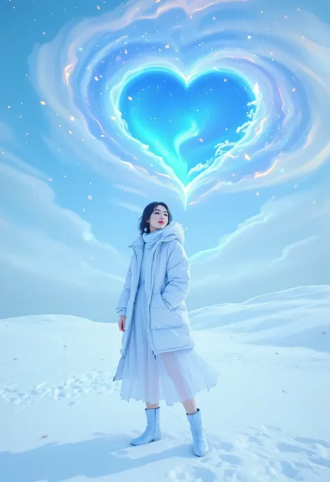a beautiful Korean woman wearing a cool pastel blue short-season casual dress and a pastel blue winter jacket version of the hijab, wearing long pastel blue boots, standing in the middle of a very thick snow desert, the surreal background of the blue intri...
