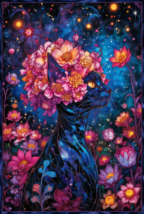 Best Quality、 Cats with Flowers with Many Petals on Their Head、Cats Blend into Space, by Virgil Finley , Inspired by Dan Hillier , Night Sky、Meteor Shower、Disney and Dan Hillier , Mobius and Dan Hillier , inspired by Virgil Finley , Under the stars,...
