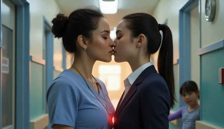An ultra-photorealistic 8K render captures a profoundly intimate moment in a busy hospital hallway, where two women from different worlds find unexpected connection. Nurse Laine, a 30-year-old woman with warm brown eyes and dark curly hair escaping her pra...