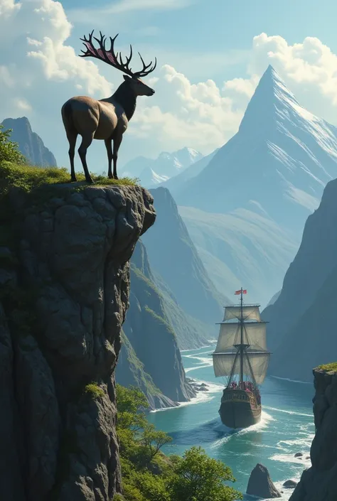 A very strong deer with red eyes and horns looking from the top of the mountain watching a pirate ship approach