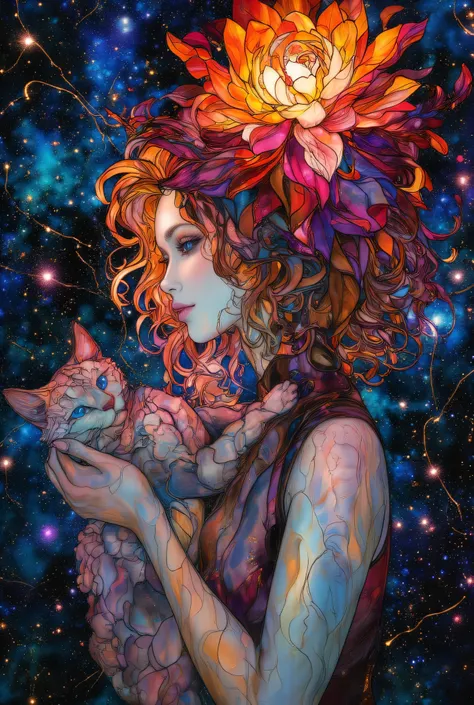 Best Quality、 A girl holding a cat with a flower with many petals on her head, a beautiful girl、curly hair、Blending into space, by Virgil Finley , Inspired by Dan Hillier , Night Sky、Meteor Shower、Disney and Dan Hillier , Mobius and Dan Hillier , insp...