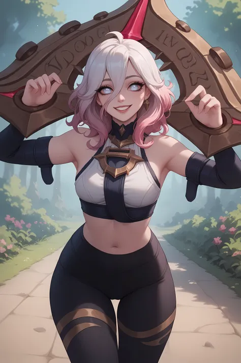 masterpiece, anime art, ultra sexy, good body, women's yoga leggings, smiling, looking at viewer, flirty, briar_(league_of_legends)