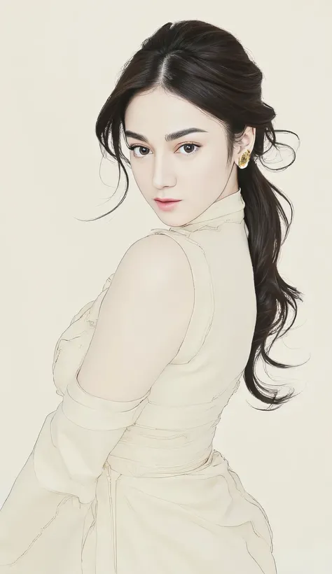 "A delicate and elegant traditional-style digital painting of a young woman with dark, wavy hair tied in a loose ponytail. She gazes softly to the side with a poised expression, her deep eyes and rosy lips exuding grace. She wears a flowing, light-colored ...