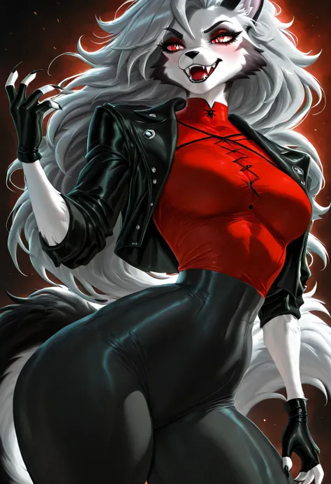 (sakimichan) , (score_9 , score_8_up , score_7_up) , 1dk , 8k , masterpiece , high quality , (Expressiveh:0 . 8)Loona helluva boss,furry,fur,two-tone fur,thin waist,black gloves,claws,fangs,black jacket,red top