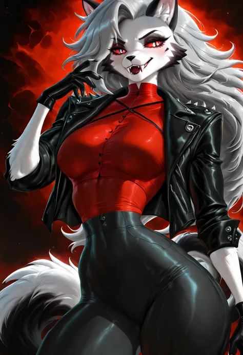 (sakimichan) , (score_9 , score_8_up , score_7_up) , 1dk , 8k , masterpiece , high quality , (Expressiveh:0 . 8)Loona helluva boss,furry,fur,two-tone fur,thin waist,black gloves,claws,fangs,black jacket,red top