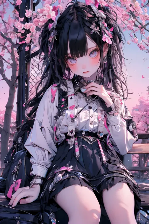 masterpiece, 最high quality, super detailed,A girl with an embarrassed expression, jirai fashion, flip flops, Skirt upskirt, The skirt flutters,cherry tree,sandy beach background with cherry blossom space, Sunset, high quality, Photographer Artwork, 4K, HDR...