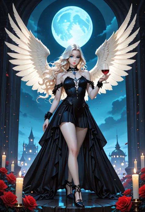 Dark fantasy art, fantasy art, goth art, a picture of a woman angel, drinking wine, pale white skin, white hair, Ultra detailed face, Best Detailed face, spread wings, white wings, long hair, wavy hair, blond hair, radiant eyes, blue eyes, she wears a blac...