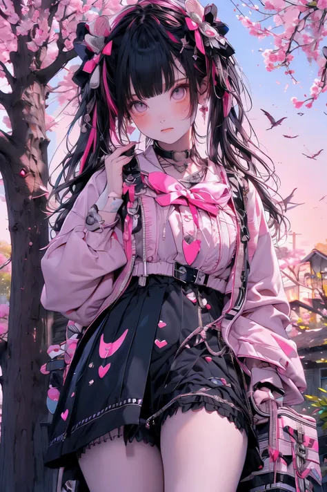 masterpiece, 最high quality, super detailed,A girl with an embarrassed expression, jirai fashion, pink, flip flops, Skirt upskirt, The skirt flutters,cherry tree,sandy beach background with cherry blossom space, Sunset, high quality, Photographer Artwork, 4...