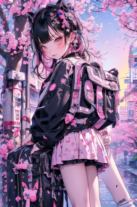 masterpiece, 最high quality, super detailed,A girl with an embarrassed expression, jirai fashion, flip flops, Skirt upskirt, cherry tree,sandy beach background with cherry blossom space, Sunset, high quality, Photographer Artwork, 4K, HDR、