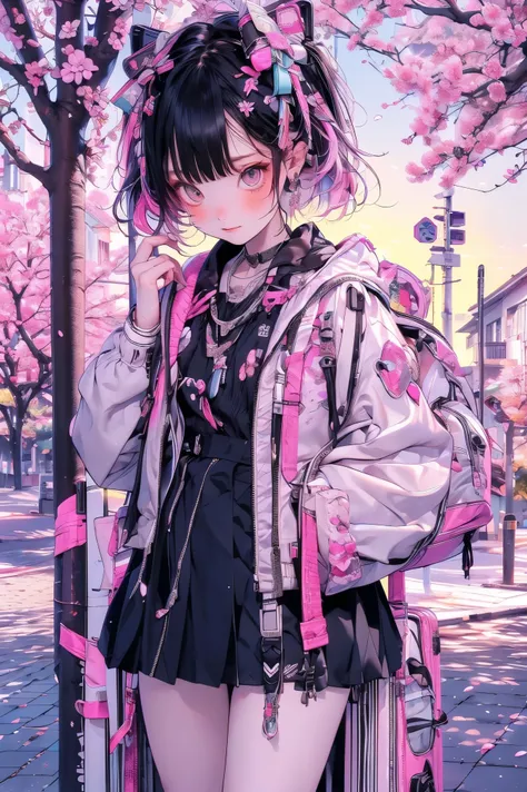 masterpiece, 最high quality, super detailed,A girl with an embarrassed expression, jirai fashion, flip flops, Skirt upskirt, cherry tree,sandy beach background with cherry blossom space, Sunset, high quality, Photographer Artwork, 4K, HDR、