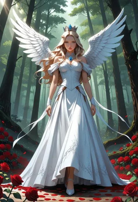 score_9, score_8_up, score_7_up, score_6_up, score_5_up, score_4_up,, anime comic illustration fantasy art, an of an a beautiful female angel standing in forest, red rose petals swirling around the angel, full body,  beautiful angel, long  hair strands, we...