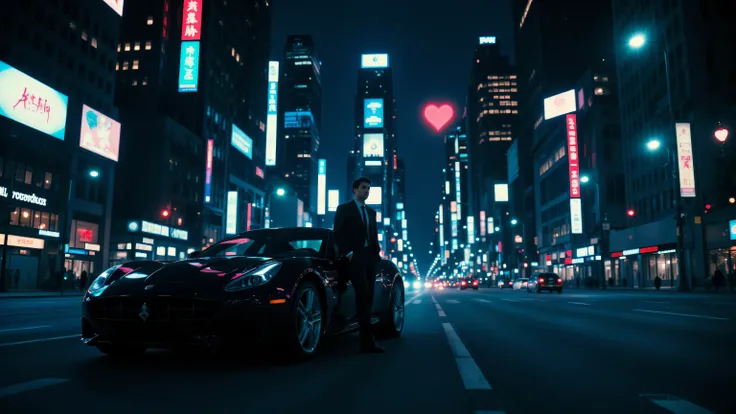 High quality, realistic photo. 4k image. Night city, a man leaning against a car is waiting for something, a heart is visible in the distance