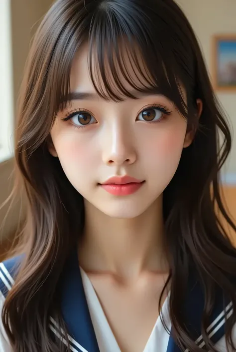 (masterpiece, Highest_quality:1.2), 1girl, solo, cute, huge_chest:1.4, schools_girl_Costume:1.5, detailed eyes, detailed lips, long eyelashes, beautiful, elegant, Serene Expression, intricate details, photorealistic, studio lighting, Vivid Colors, realisti...