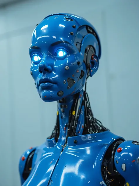 Award-Winning Wallpaper, portrait photography. A blue female crash test dummy stands in front of a blank wall. Full body, side profile, close shot. She has no hair, and LED lights for eyes, one of which is not working. Various markings, numbers and arrows ...
