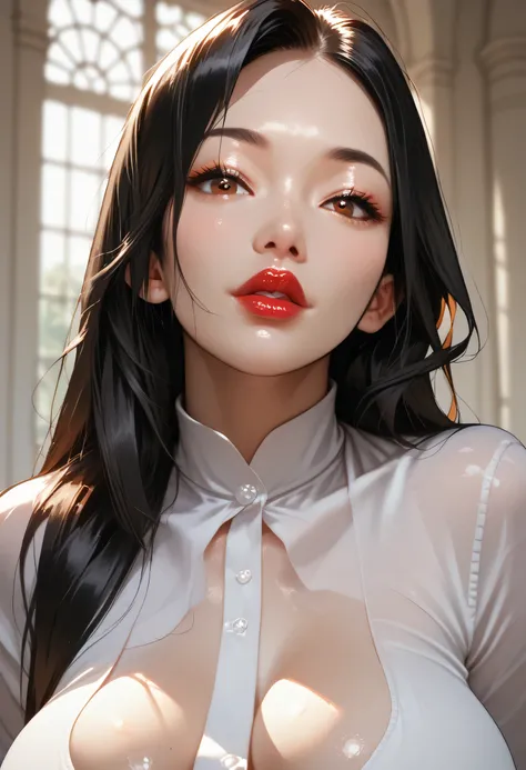 (female asian, asian face), long hair, black hair, black thin eyebrows, brown eyes, thick lips, red lips, female beautiful, face perfect, white shirt, large breasts, pov