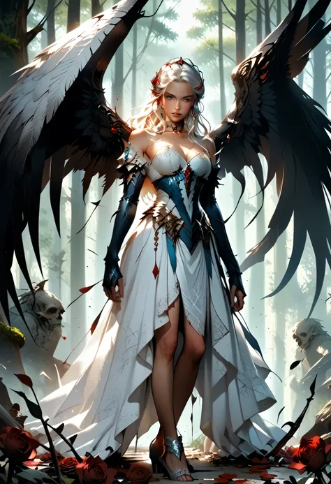 score_9, score_8_up, score_7_up, score_6_up, score_5_up, score_4_up,, anime comic illustration fantasy art, an of an a beautiful female angel standing in forest, red rose petals swirling around the angel, full body,  beautiful angel, long  hair strands, we...