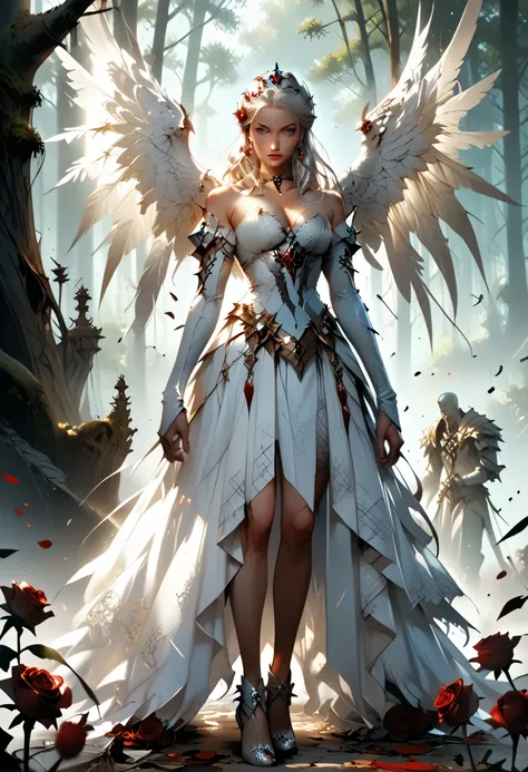 score_9, score_8_up, score_7_up, score_6_up, score_5_up, score_4_up,, anime comic illustration fantasy art, an of an a beautiful female angel standing in forest, red rose petals swirling around the angel, full body,  beautiful angel, long  hair strands, we...