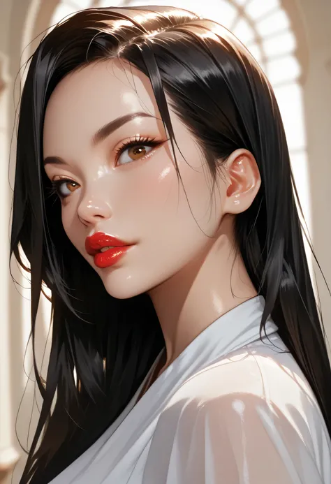 (female asian, asian face), long hair, black hair, black thin eyebrows, brown eyes, thick lips, red lips, female beautiful, face perfect, white shirt, large breasts, (from side, looking at viewer)