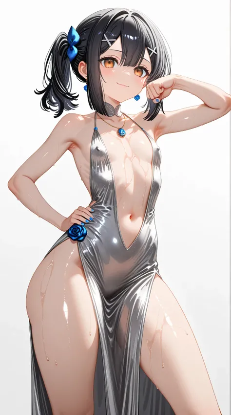 1girl,(Miyu Edelfelt),loli,toddler,petite,cute face,black hair,brown eyes,evil smile,solo,huge ass,colored skin,erect nipples, jewelry, dress,necklace, bangs,x hair ornament, bare shoulders, side ponytail, halterneck, plunging neckline, sidelocks, halter d...