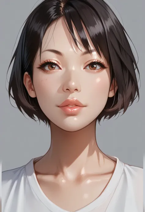 1girl, solo, grey background, lips, short hair, nose, shirt, collarbone, looking at viewer, simple background, artist name, white shirt, (female asian, asian face)