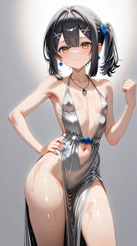 1girl,(Miyu Edelfelt),loli,toddler,petite,cute face,black hair,brown eyes,evil smile,solo,huge ass,colored skin,erect nipples, jewelry, dress,necklace, bangs,x hair ornament, bare shoulders, side ponytail, halterneck, plunging neckline, sidelocks, halter d...