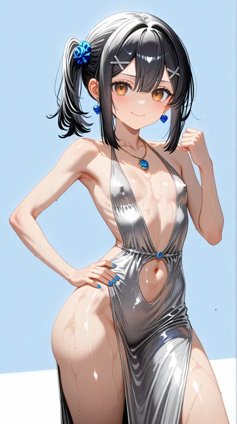 1girl,(Miyu Edelfelt),loli,toddler,petite,cute face,black hair,brown eyes,evil smile,solo,huge ass,colored skin,erect nipples, jewelry, dress,necklace, bangs,x hair ornament, bare shoulders, side ponytail, halterneck, plunging neckline, sidelocks, halter d...