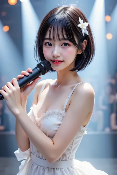 Japanese idol performing on illuminated stage, 18yo,wearing white idol costume. Her vibrant idol costume features of white, adorned with floral and star patterns, and ribbon details. She has medium-long black hair and a fair complexion. Dynamic pose mid-da...