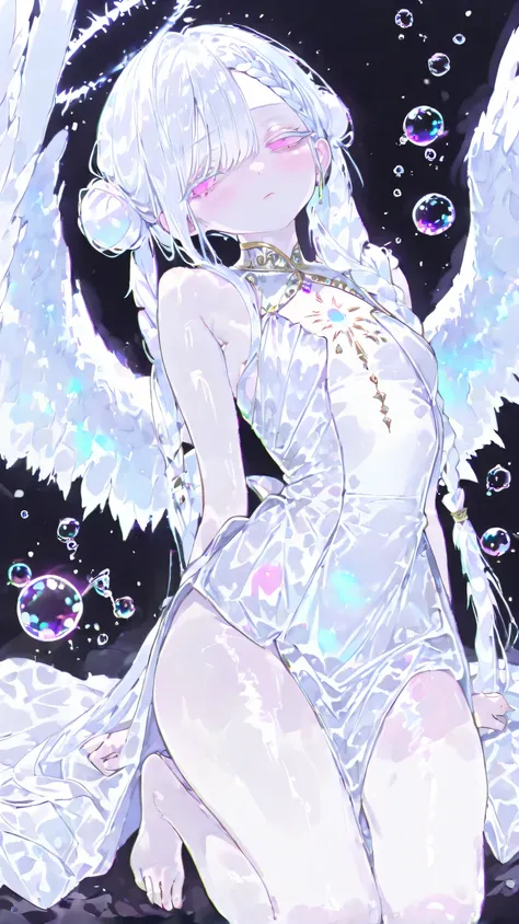 ( masterpiece, best quality:1.3), amazing quality, is very beautiful, abstruse, high resolution, newest, HDR, 8,000, movie lighting, realistic, close up, 1 Girl, Pinkish white halo, angel wings, feather, Gojo Satoru, Curse Return, Colored eyelashes, pink...