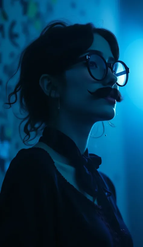 A full body dramatic artistic side shot of a young beautiful woman with dark wavy hairstyle, wearing thick black rimmed glasses and a fake moustache, bowtie choker, doing something weird, wearing weird clothes, cinematic shot, cinematic composition, thick ...