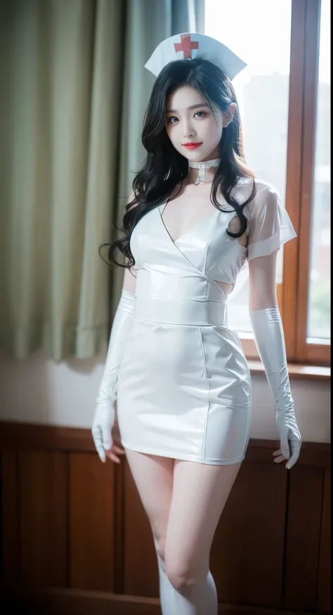 Nguyen Yi 0124, choker, ID card, Thong, Transparent, Nurse, Nurse cap, White, Garter, White skirt, Elbow gloves ((plump )), ((Chest Window, You can see )), (( Show off your sexy legs  )), ((hit in the knee)), ((standing,  Elegant posture )), ((slim figure，...