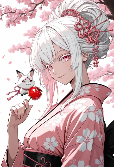 1girl, stylish yukata, long white hair,Colored eyelashes, bright pink eyes, breast, upper body,side view, dynamic angle, goddess fox, jewelry,hair ornament, mythical fox, nine tailed fox,orbs,pink color gradation,score_9,score_8,score_7_up,source_anime, ma...