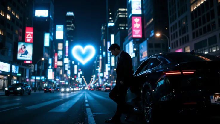 High quality, realistic photo. 4k image. Night city, a man leaning against a car is waiting for something, a heart is visible in the distance