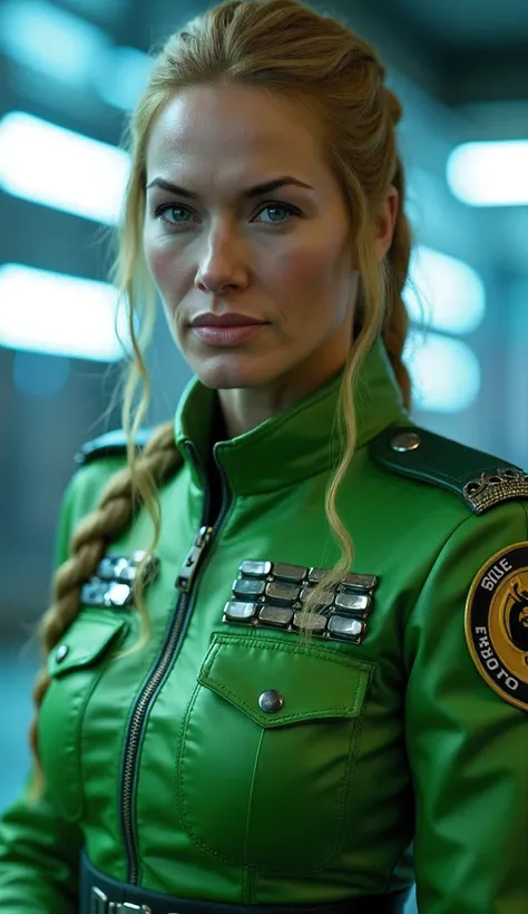 Here is a detailed prompt to generate an image **model** by Nicole man as **Sonya Blade**, focada na **upper body**, in a bright green military outfit and striking details, and a striking background: --- **"Hyper-realistic Close-up of Sarah Jessica Parker ...