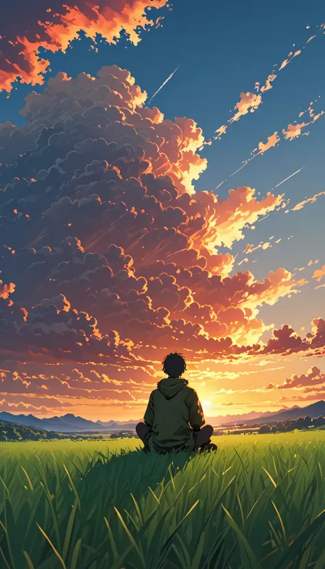 Cloudy, textured clouds anime style Boy sitting close-up on a meadow with blue sky!!!! little clouds, A boy sitting on a cloudy meadow looking at the vast sky, green grass, cloudy sky, Makoto Shinkai Cyril Roland, 4k anime art wallpaper, 4k anime art wallp...