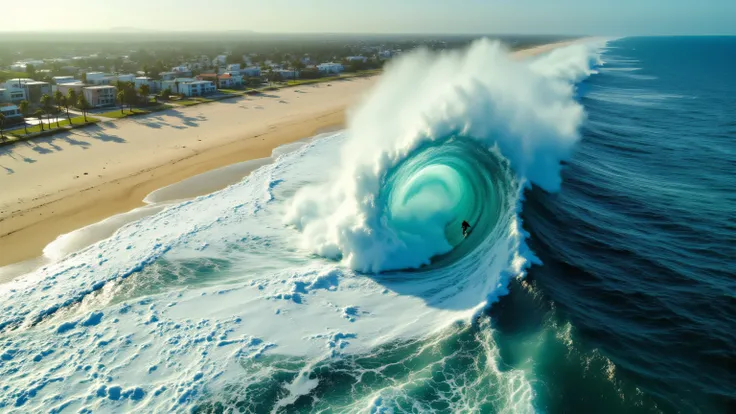 An extremely wide, photorealistic aerial image taken from high above and slightly offshore, looking inland toward a beach town that stretches along the coastline. In the distance, rows of buildings, roads, and palm trees are visible, bathed in warm light.
...