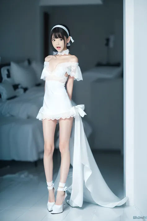 (((Full body portrait:1.5))),((arms behind back)),(Leaning forward),(pigeon toed),(very cute petite Japanese girls with a baby face),(Short stature),(skinny body),(short limbs),(thin thighs),(Extremely short pure white miniskirt dress),(Photo titled Girl i...