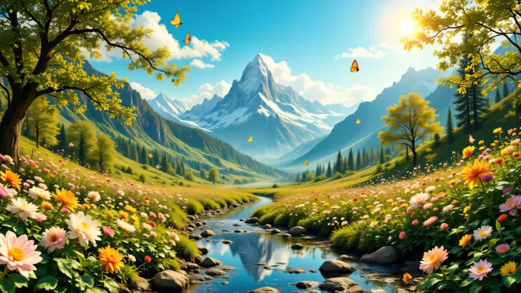 High quality, realistic photo. 4k image. fabulous view, spring, beautiful nature, flying butterflies