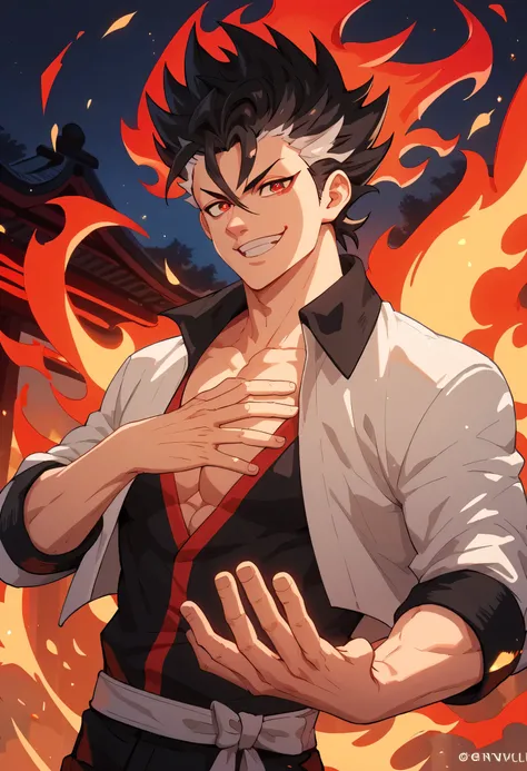 black hair, white skin, spiky hair, strong physique, bright red eyes, black and red energy, black and red flames, man, anime style, black flames in hands, smiling, Japanese temple background, night, fantastic lighting, focus on character, solo