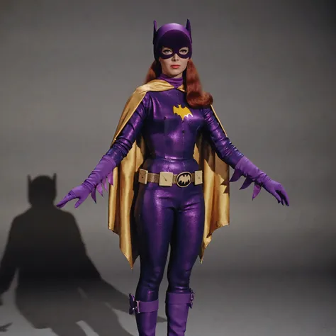 B4tg1rl WOMAN, Yvonne Craig woman, Yvonne Craig as Batgirl, batgirl, 60s Batgirl, retro purple Batgirl costume, standing in a sexy pose ready to seduce batman, retro red hair, makeup, purple Batgirl gloves, full purple Batgirl cowl, purple Batgirl mask, pu...