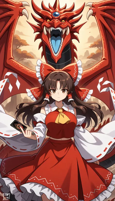 hakurei reimu, 1girl, , brown eyes, brown hair, long hair, sidelocks, large breasts,
hair bow, hair tubes, hair bow, hair tubes, frilled bow, yellow ascot, red shirt, ribbon-trimmed detached wide sleeves, red skirt,Slifer-TSD, red scale, white claw, dragon...