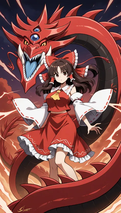 hakurei reimu, 1girl, , brown eyes, brown hair, long hair, sidelocks, large breasts,
hair bow, hair tubes, hair bow, hair tubes, frilled bow, yellow ascot, red shirt, ribbon-trimmed detached wide sleeves, red skirt,Slifer-TSD, red scale, white claw, dragon...