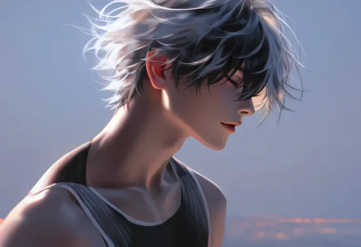 an anime style illustration,depicts a handsome young man,he has messy white hair, standing in the water 。the overall tone is gray and white,highlights muscle line details。uses high contrast lighting,creates a dramatic and atmospheric picture。similar style[...