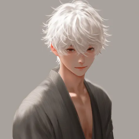 Anime - style illustration of a handsome young man with tousled white hair, standing in water. The overall color palette is monochromatic with shades of gray and white, highlighting muscular details. High - contrast lighting, creating a dramatic and moody ...