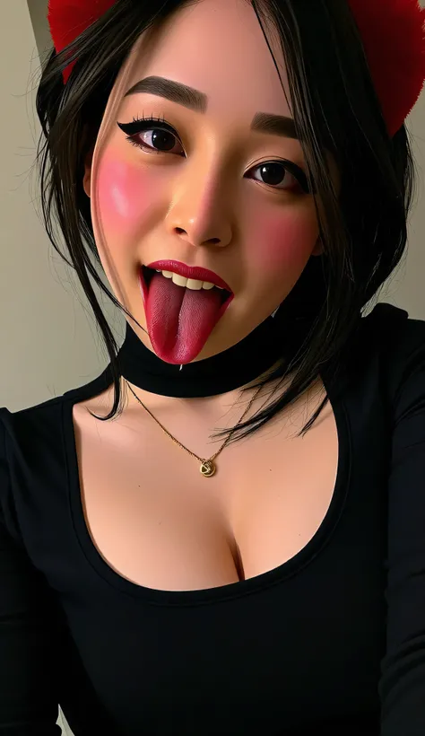 ((Best Quality, 8K, Masterpiece: 1.3)), perfect korean e-girl streamer makeup, plain thick black long sleeved tank top that emphasize perfect lined cleavage, cleavage line is slightly exposed, beautiful plump , amazing breast enhancement, refresh, hard blu...