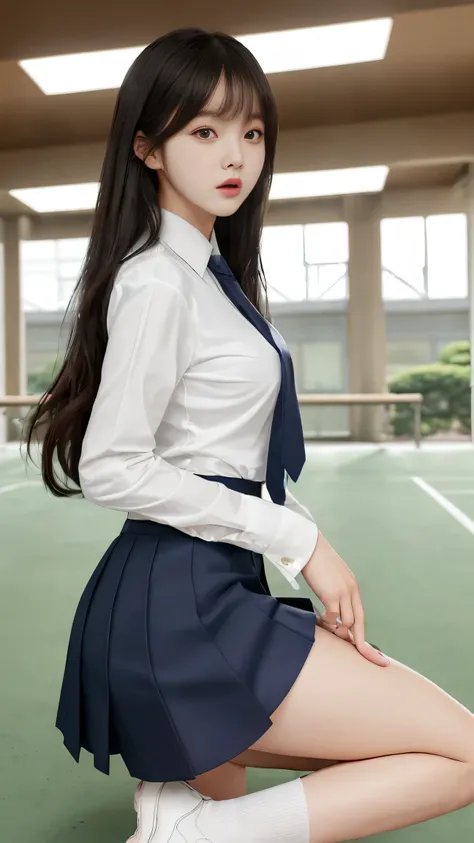 , Japanese pretty girl , high resolution, bangs, 해부학적으로 정확, best quality, accurate, very long hair, white shirt, Navy Blue Tie, 네이비 블루 miniskirt, Tight, miniskirt , Uniform, School, playground, female, Suitable for a slim waist, big , big ass with long ...