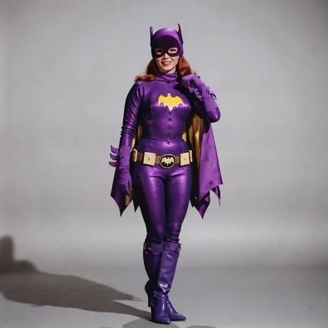 B4tg1rl WOMAN, Yvonne Craig woman, Yvonne Craig as Batgirl, batgirl, 60s Batgirl, retro purple Batgirl costume, standing in a sexy pose ready to seduce batman, smiling, retro red hair, makeup, purple Batgirl gloves, full purple Batgirl cowl, purple Batgirl...