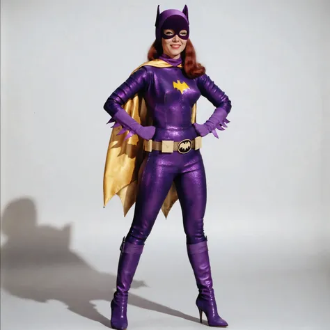 B4tg1rl WOMAN, Yvonne Craig woman, Yvonne Craig as Batgirl, batgirl, 60s Batgirl, retro purple Batgirl costume, standing in a sexy pose ready to seduce batman, smiling, retro red hair, makeup, purple Batgirl gloves, full purple Batgirl cowl, purple Batgirl...