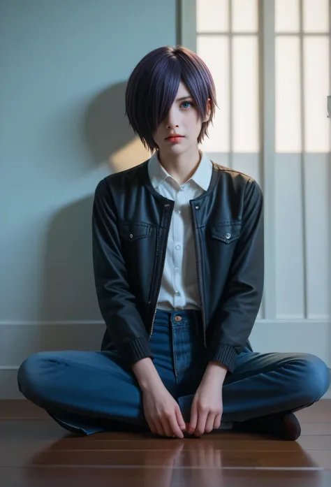 highly detailed, ultra-detailed, finely crafted features, Cinematic lighting,  photorealistic, Moody Atmosphere,  a young girl, ((short blue-purple hair covering left side of her face: covering one eye)), ((blue- purple eye)), calm face features, Beautiful...