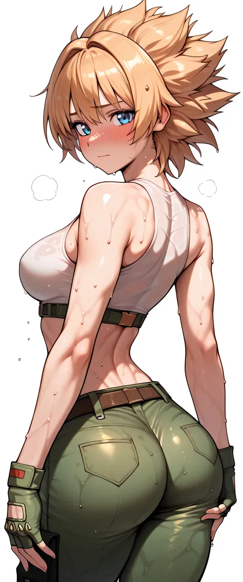 sh1n4norm, 1girl, solo, blue eyes, hot, steaming, steaming body, sweat, sweating, sweaty, sweaty body, wet, wet body, dripping, dripping sweat, blushing, embarrassed, nervous, closed mouth, (((white background))), looking at viewer, cowboy shot, standing, ...